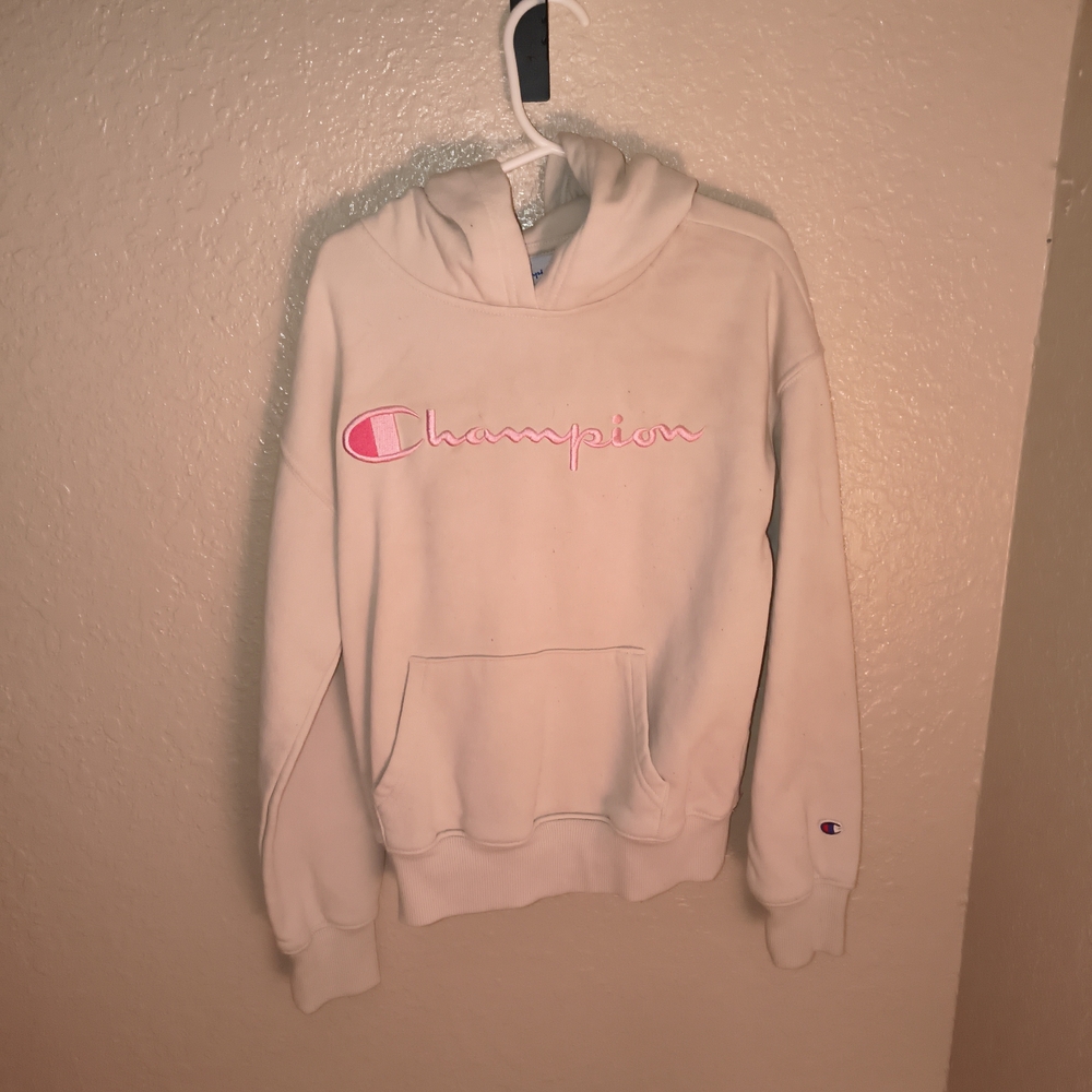 Champion Hoodie with Pink Script Logo - Light Beige Body